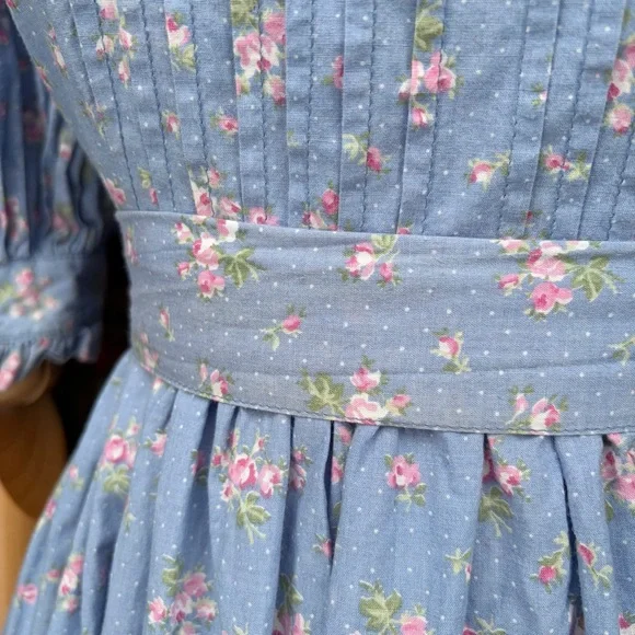 RARE Laura Ashley Blue Floral Cotton Puff Sleeve Cottagecore Prairie Midi Dress - Picture 9 of 10